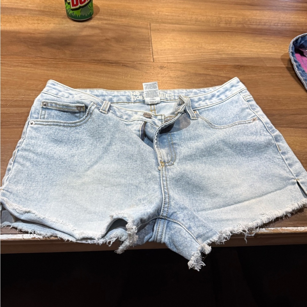 No Boundaries Blue Jean Shorts High-Waisted Frayed Hem